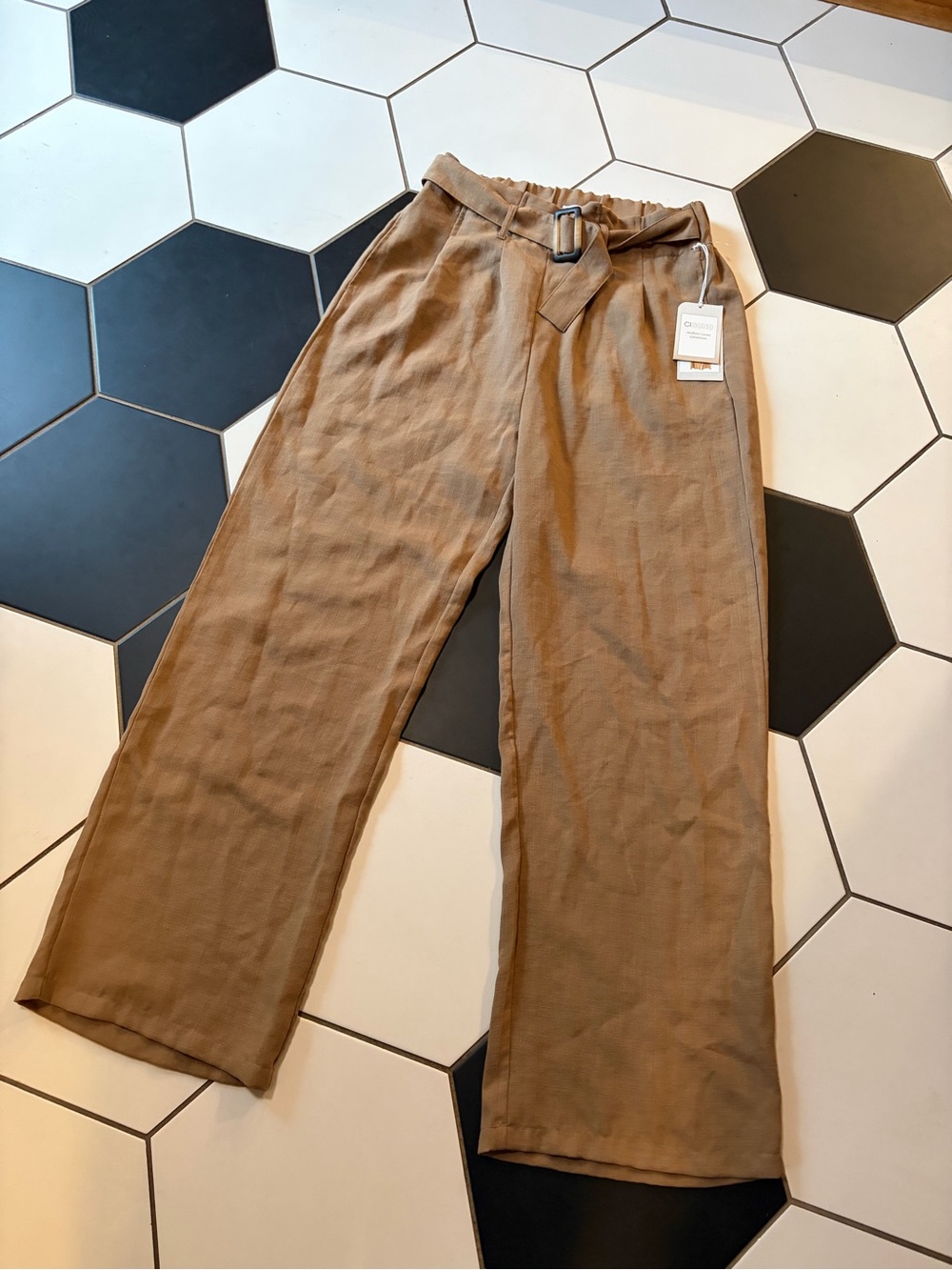NWT Cisono tan wide leg pants women’s XL belt detail